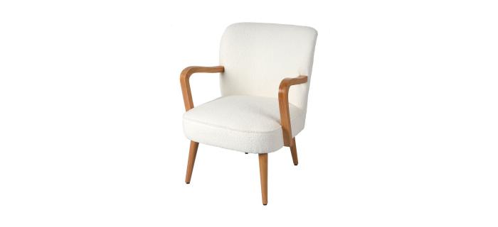 CAN0499 Fauteuil Austin en bouclette écru avec accoudoirs en bois