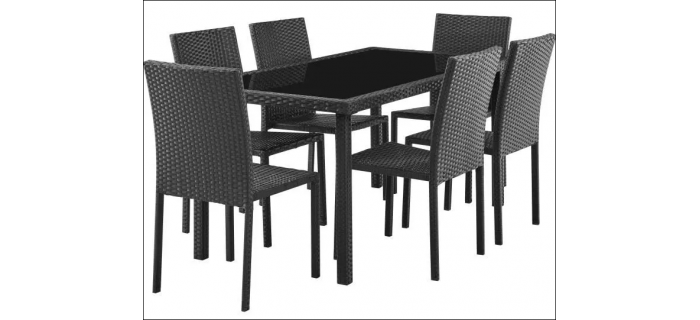 JAR0125 Ensemble repas de jardin - table en verre trempé et 6 chaises en résine tressée noir