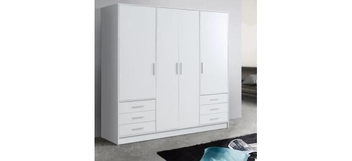 MEU0315 Armoire 4 portes battantes + 6 tiroirs - Blanc mat - L 206,5 x P 60 x H 200 cm