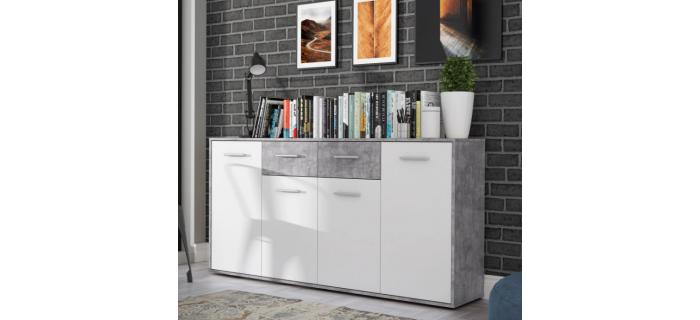 MEU0338 Buffet bas PILVI - 4 portes et 2 tiroirs - Blanc et béton clair - L 162 cm