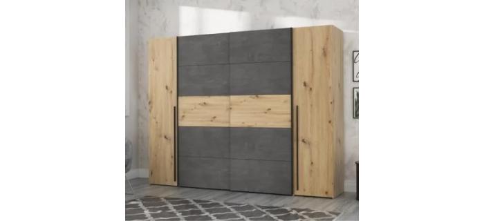 MEU0425 Armoire - Décor chêne artisan et béton gris - 2 portes battantes + 2 portes coulissantes - L 270x H 210 cm
