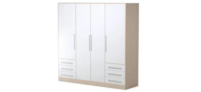 MEU0437   Armoire 4 portes battantes + 6 tiroirs - Chêne et blanc