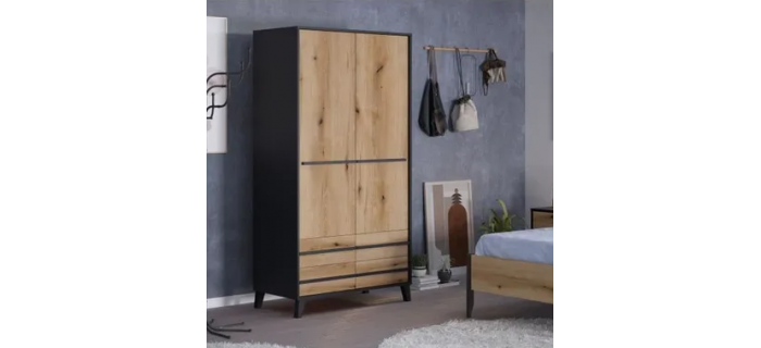 MEU0517 Armoire HEKA 2 portes + 4 tiroirs - Décor noir et chêne - L100 x P50 x H180 cm