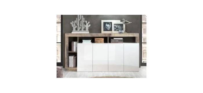 MEU0527 Buffet Effet Bois Vintage et blanc Laqué - 4 portes - L 184 cm