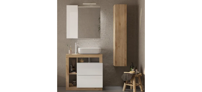 MEU0547 Ensemble Meuble salle de bain L78cm - Vasque + 2 Tiroirs + 3 niches + Colonne