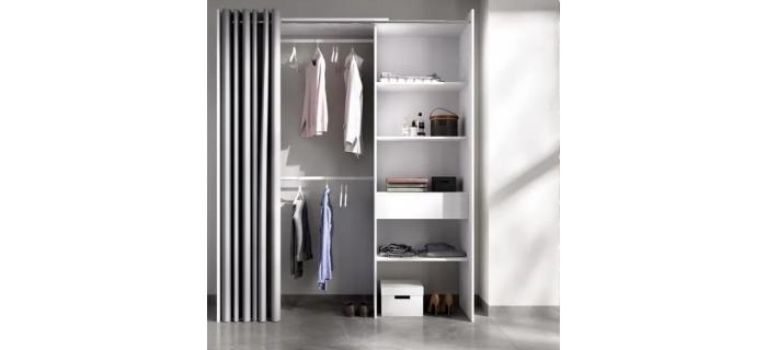 MEU0564 Kit Dressing extensible avec rideau + 1 tiroir - Décor Blanc - L 160-110 x P 50 x H 205 cm
