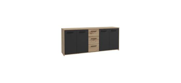 MEU0600 Buffet Décor Chêne et Noir- 4 portes + 3 tiroirs - L179,2 x P42 x H74,5CM