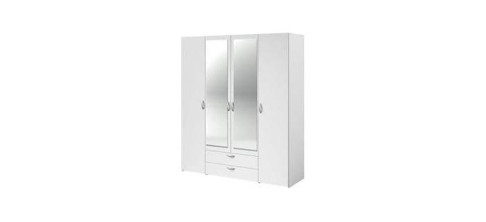 MEU0607 Armoire - Décor blanc - 4 portes battantes + 2 miroirs + 2 tiroirs - L 160 x H 185 x P 51 cm