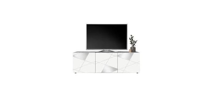MEU0622 Meuble TV - Blanc laqué brillant avec sérigraphie miroir - L181 x P43 x H57 cm - VICTORY