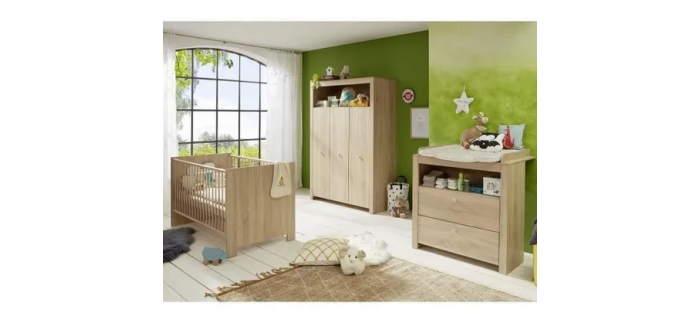 PUE0010 OLIVIA Chambre bébé Trio : Lit 70 x 140 cm + Commode à langer + Armoire - Chêne