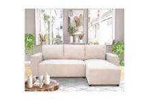 CAN0487 Canapé d’angle 3/4 places, Convertible, Réversible, Coffre, Tissu Velours côtelé Beige - L 230x P 155 x H 95 cm