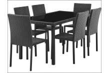 JAR0125 Ensemble repas de jardin - table en verre trempé et 6 chaises en résine tressée noir
